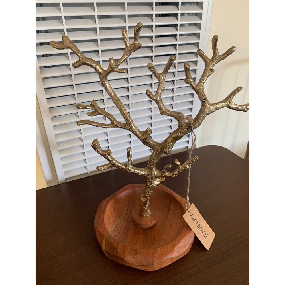 Gold Coral Tree Jewelry Stand Wood Catchall Base Organizer Handcrafted India